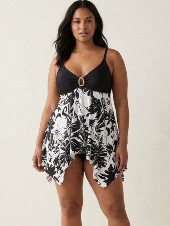 Source Unknown Other - Tankini Swimdress Top V-Neck Floral Black White Hanky Hem Swimsuit Women's SZ XL
